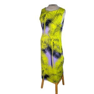 Gibson Latimer Palm Leaf Print Stretch Knit Midi Dress Yellow Purple M Medium